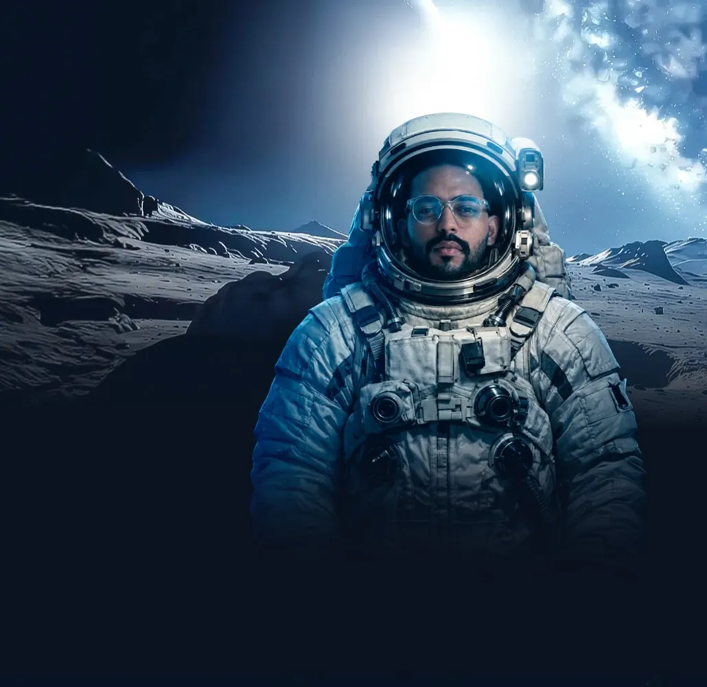 Astronauta da Apollo em uma paisagem lunar, com um planeta brilhando ao fundo